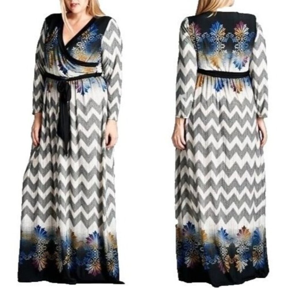 Chevron Women's PLUS 1X Chevron Artsy Colorful Maxi Dress Festival Party NEW